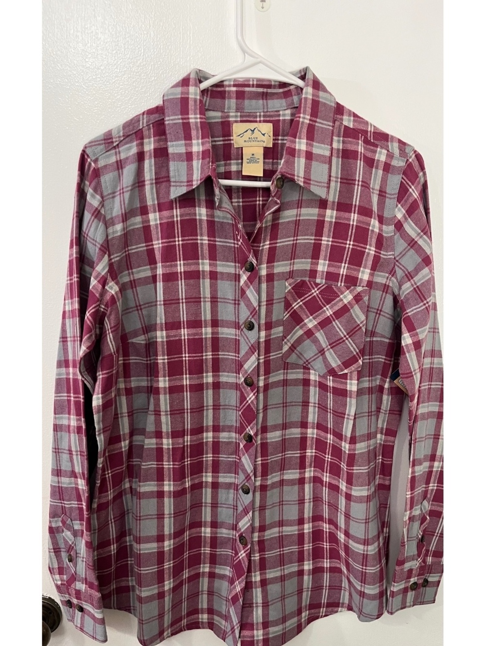 100% Cotton Blue Mountain Woman’s Button Up Shirt Plaid Flannel